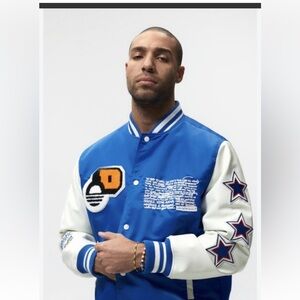 Zara Blue and White Varsity Jacket with Patches very unique